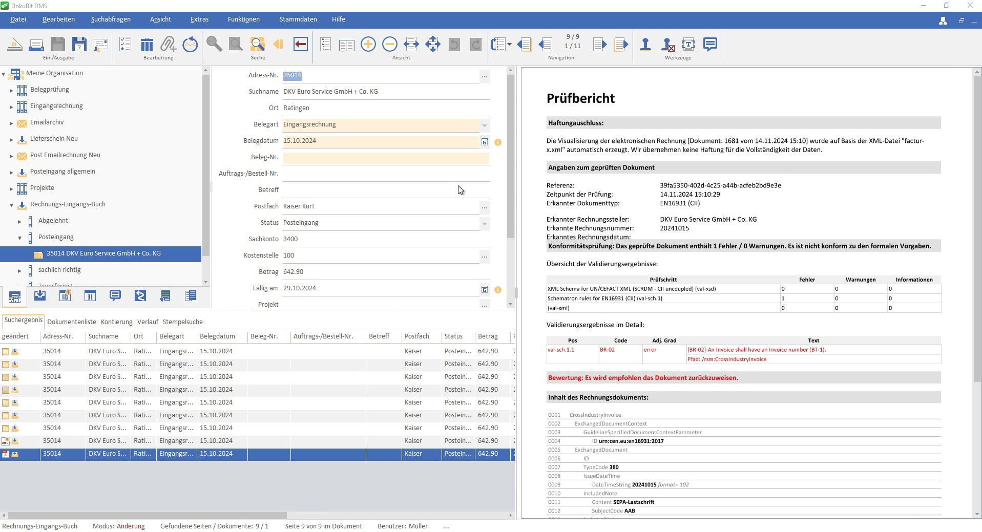 Fehlererkennung durch DokuBit bei einer E-Rechnung